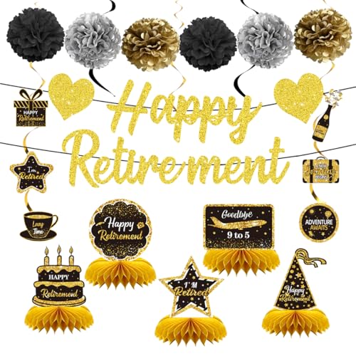 18 Stück Ruhestandsparty-Dekorationen für Männer und Frauen, Schwarz und Gold, Ruhestands-Dekorationen, Happy Retirement Banner Waben-Mittelstück hängende Wirbel für Happy Retirement Party Supplies von Plceucsrs