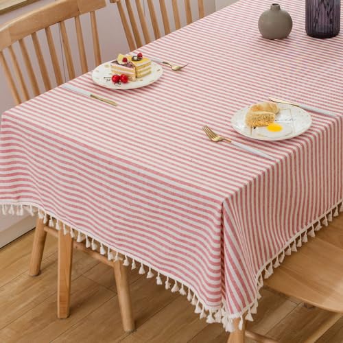 Plenmor Leinen Tischdecke Baumwolle, Leinenoptik Tischdecke Abwaschbar Table Cloth Boho Tischdecke Rechteckig für Küchentisch und Outdoor Tischtuch (Rot, 300x140cm) von Plenmor