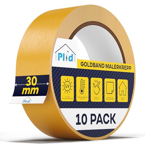 Plid® Goldband Malerkrepp [Wasserabweisend] - Malerklebeband Nassfest - für Innen & Außen - Abklebeband Maler - verhindert Unterlaufen von Farben - Painters Tape - Klebeband Maler (30mm, 10 Rollen) von Plid