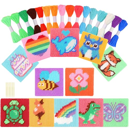 Pllieay 12in1 Kreuzstich Anfänger Set Kinder Stickerei Kit enthält 12 Stück Kunststoff Mesh Canvas, 16 Garne, 6 Webenadeln, Nadelspitzen Starter Kit Nähen Set mit Anleitung von Pllieay