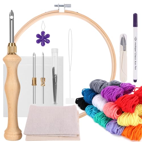 Pllieay 33-teiliges Stanznadel-Set, Garn zum Häkeln, Stanznadel-Kits für Erwachsene und Anfänger mit Stickrahmen, weißer Filz, Strickgarn für Stickgarn, Kreuzstich, Anfänger von Pllieay