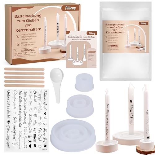 Pllieay DIY Kerzenhalter Set Gießpulver Starterset- 500g Weißes Reliefgießpulver Gießpulver, 3 Silikonform Gießform Kerzenhalter, 20+ Kerzentattoos Wassertransferdruck, Zubehör & Geschenkbox von Pllieay