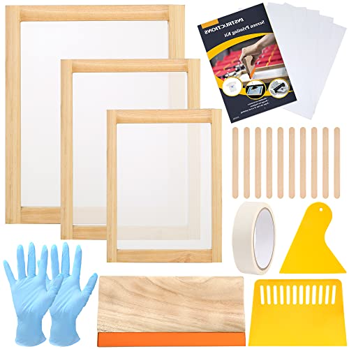 Pllieay Das 24-teilige Siebdruck-Starter-Set enthält 3 verschiedene Größen von Holz-Siebdruckrahmen mit Netz, Siebdruck-Rakel, Schaber, Inkjet-Transparenzfolie, Handschuhe und Maskenband von Pllieay