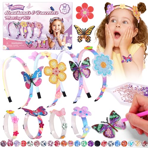 Pllieay Diamond Painting Bastelset Haarschmuck Mädchen DIY Blumen Haarreifen Armbänder Selber Machen Kinder Geschenke für Mädchen - Armband Set Basteln für Einschulung Mädchen Weihnachtsgeschenk von Pllieay