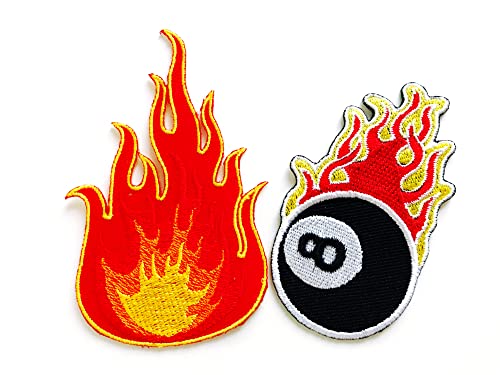 PL Set 2 Stück Flame Fire Burn Eight Ball Flaming Embroidered Applique Sew Iron on Patch für Hut Jacken Taschen Jeans T-Shirt Rucksäcke Kostüm von Ploen Love