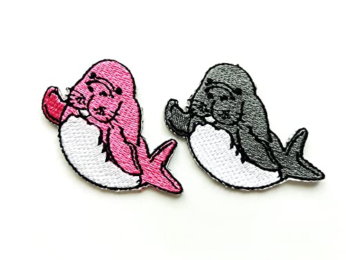 PLpatch Set mit 2 kleinen Mini-Seekuh Dugong Little Cute Cartoon Logo 1 zum Aufnähen zum Aufbügeln, bestickt, Abzeichen, Schild, Kleidung, Kostüm von Ploen Love