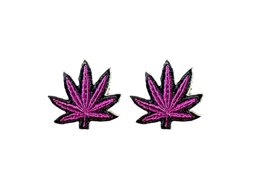 PLpatch Set mit 2 winzigen Mini-Cannabis-Marihuana-Blättern, niedliches Cartoon-Logo, 1 Aufnäher, bestickte Applikation, Abzeichen, Kleidung, Kostüm (Violett-1) von Ploen Love