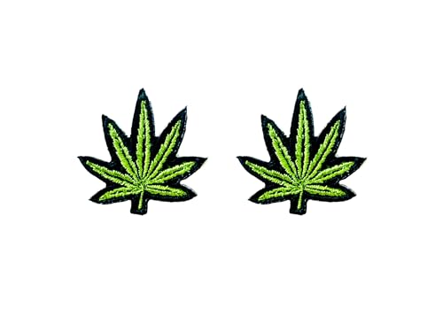 PLpatch Set mit 2 winzigen Mini-Cannabis-Marihuana-Blättern, niedliches Cartoon-Logo, 1 Flicken zum Aufnähen und Aufbügeln, bestickte Applikation, Abzeichen, Schild, Patch, Kleidung, Kostüm (Grün-3) von Ploen Love