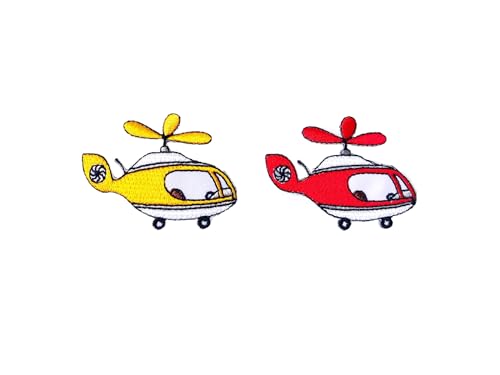 PLpatch Set mit 2 winzigen Mini-Hubschrauber-Vektor-Biker-Motorrad-Cartoon-Logo, 1 Aufnäher, bestickte Applikation, Abzeichen, Schild, Patch, Kleidung, Kostüm (Rot-Gelb) von Ploen Love