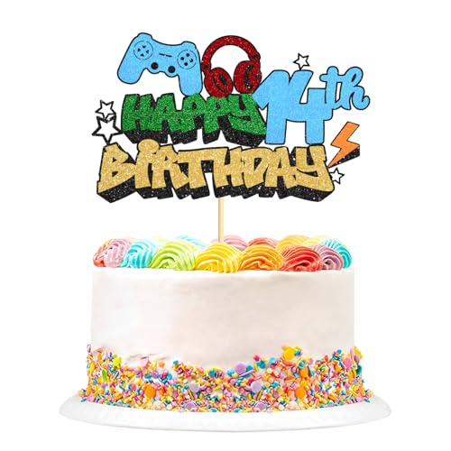 Happy Birthday Cake Topper, Glitter Videospiel Cake Pick Game On Controllers Gaming Cake Topper, Perfekt für Spielthema Geburtstag Dekorationen Party Supplies (14 von Plorede