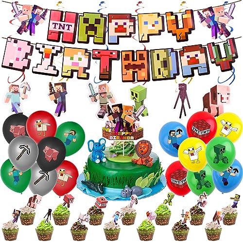 Geburtstagsdeko Jungen Mine-Craft Geburtstag Deko Minecraft Spielthema Partyzubehör Tortendeko Spiel Partyzubehör Set Enthält Happy Birthday-Banner Cupcake-Topper Luftballons Hängende Wirbel von PlsMupn