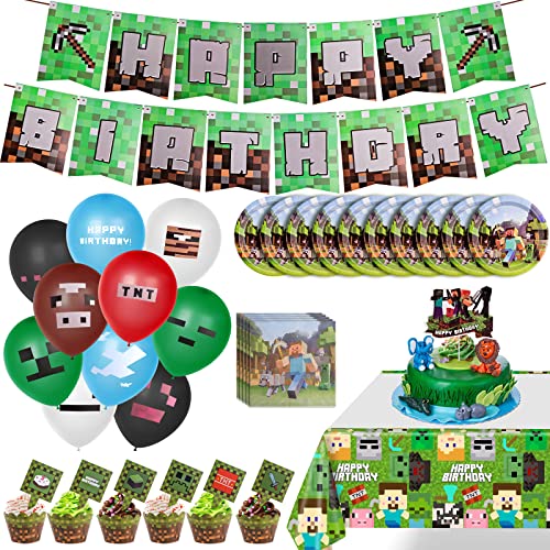 Geburtstagsdeko Jungen Mine-Craft Geburtstag Deko Minecraft Spielthema Partyzubehör Tortendeko Spiel Partyzubehör Set Enthält Happy Birthday Banner Luftballons Tortendeko Pappteller von PlsMupn