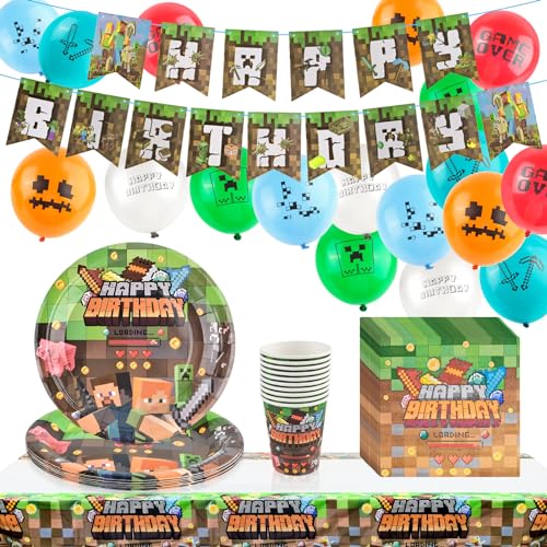 Spiel Partygeschirr Set Geburtstagsdeko Jungen Mine-Craft Geburtstag Deko Mine-Craft Spielthema Partyzubehör Spiel Partyzubehör Set Enthält Banner Luftballons Mine-Craft Teller, Braun von PlsMupn