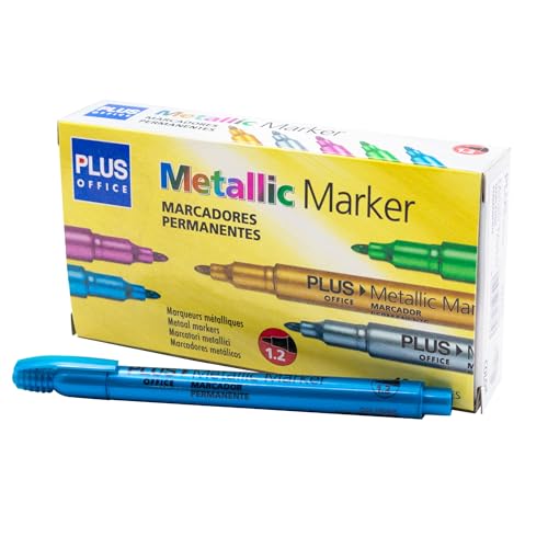 Plus Office 12 Filzstifte mit Metallic-Effekt, Permanentmarker zum Schreiben, Malen, Markieren aller Arten von Materialien, Metallstifte mit 1,2 mm Spitze (blau) von Plus Office