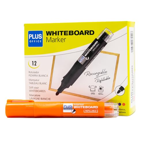 Plus Office 12 Whiteboard-Marker mit nachfüllbarer Flüssigtinte, 2 mm Spitze, ideal zum Schreiben auf Glas, Whiteboard und anderen glatten Oberflächen, löschbare Tinte (Orange, Marker) von Plus Office