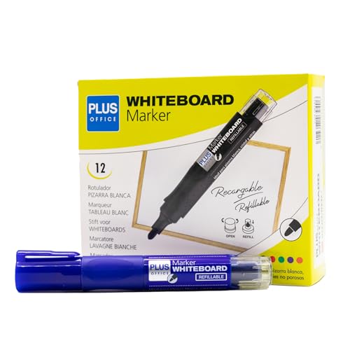 Plus Office 12 Whiteboard-Marker mit nachfüllbarer Flüssigtinte, 2 mm Spitze, ideal zum Schreiben auf Glas, Whiteboard und anderen glatten Oberflächen, löschbare Tinte (blau, Marker) von Plus Office