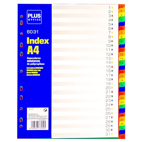 Plus Office - A4-Ordner-Register mit 31 Registerkarten aus 100% recycelbarem Polypropylen, Zahlen 1-31, Trennwände 11 Löcher und Register für Ringordner, für Schule und Büro von Plus Office