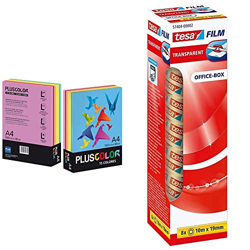 Plus Office Color 002210 – Papier, 500 Blatt, 80 g, 15 Farben, A4 & tesafilm transparent - Transparentes Klebeband mit starker Haftung - alterungsbeständig und reißfest - 10 m x 19 mm - 8er Pack von Plus Office