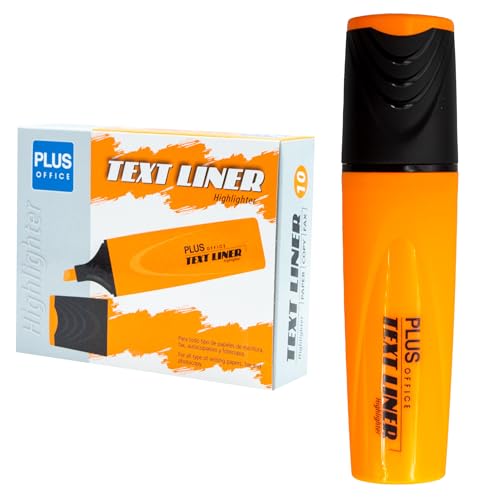 Plus Office Fluoreszierende Textmarker, Marker mit abgeschrägter Spitze, Packung mit 10 Leuchtmarkern auf Wasserbasis, Neonfarben (Orange) von Plus Office