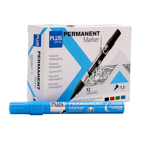 Plus Office Permanent-Marker, Packung mit 12 Permanentmarkern mit konischer Spitze von 1,3 mm, wasser- und lichtbeständig, permanent zum Beschriften, Markieren und Zeichnen (Himmelblau) von Plus Office