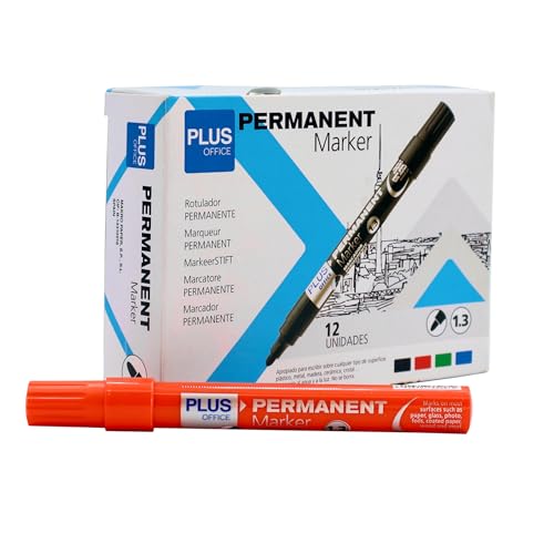 Plus Office Permanent-Marker, Packung mit 12 Permanentmarkern mit konischer Spitze von 1,3 mm, wasser- und lichtbeständig, permanent zum Beschriften, Markieren und Zeichnen (Orange) von Plus Office