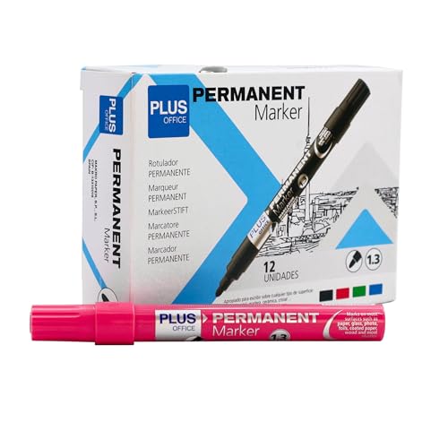 Plus Office Permanent-Marker, Packung mit 12 Permanentmarkern mit konischer Spitze von 1,3 mm, wasser- und lichtbeständig, permanent zum Beschriften, Markieren und Zeichnen (Rosa) von Plus Office