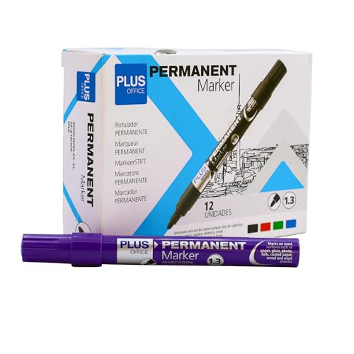 Plus Office Permanent-Marker, Packung mit 12 Permanentmarkern mit konischer Spitze von 1,3 mm, wasser- und lichtbeständig, permanent zum Beschriften, Markieren und Zeichnen (Violett) von Plus Office