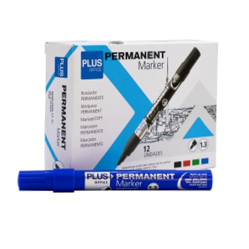 Plus Office Permanent-Marker, Packung mit 12 Permanentmarkern mit konischer Spitze von 1,3 mm, wasser- und lichtbeständig, permanent zum Beschriften, Markieren und Zeichnen (blau) von Plus Office