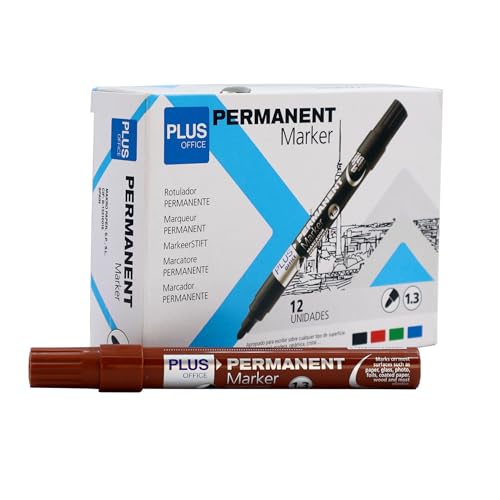 Plus Office Permanent-Marker, Packung mit 12 Permanentmarkern mit konischer Spitze von 1,3 mm, wasser- und lichtbeständig, permanent zum Beschriften, Markieren und Zeichnen (braun) von Plus Office