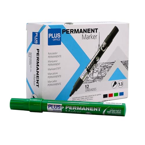 Plus Office Permanent-Marker, Packung mit 12 Permanentmarkern mit konischer Spitze von 1,3 mm, wasser- und lichtbeständig, permanent zum Beschriften, Markieren und Zeichnen (grün) von Plus Office