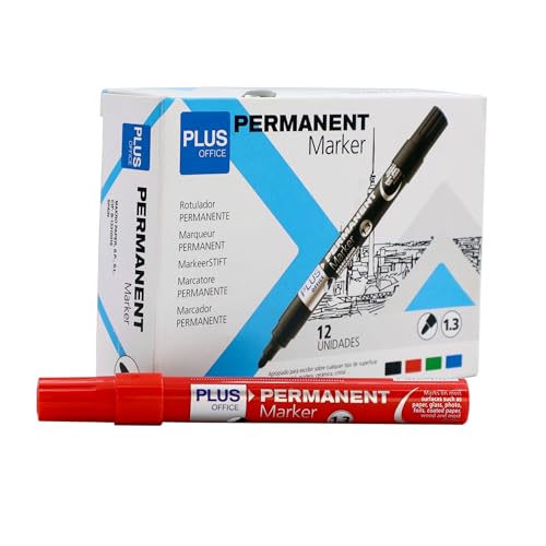 Plus Office Permanent-Marker, Packung mit 12 Permanentmarkern mit konischer Spitze von 1,3 mm, wasser- und lichtbeständig, permanent zum Beschriften, Markieren und Zeichnen (rot) von Plus Office