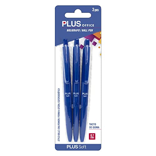 Plus Office - Plus Soft Kugelschreiber, 3er-Pack, einziehbar, besonders glattes Schreiben und Berühren, viskose Flüssigtinte, optimal für Büro, Zuhause und Schule, Blau und Strichstärke 0,7 mm von Plus Office