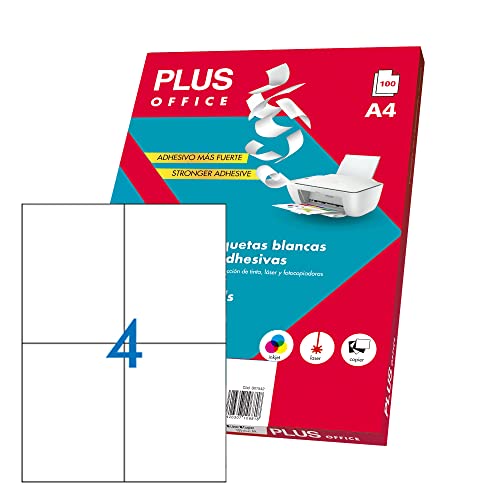 Plus Office - Selbstklebende weiße Etiketten zum Drucken, 100 Blatt Aufkleber Papier auf A4 Blatt für Inkjet-Drucker, Laser und Fotokopierer, 4 Etiketten pro Blatt (105 x 148 mm) von Plus Office