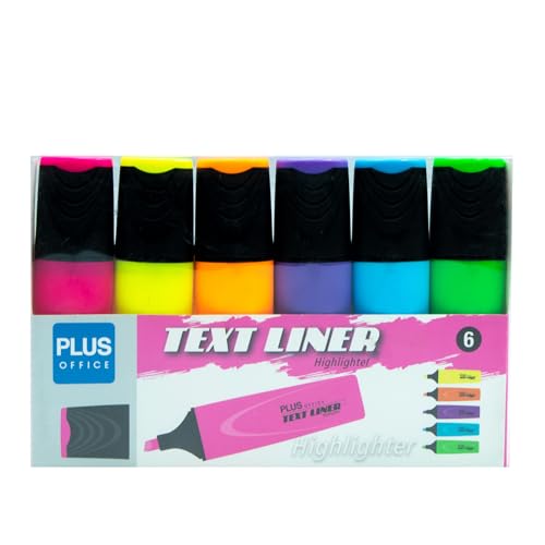 Plus Office Textmarker mit abgeschrägter Spitze, Neonfarben, fluoreszierende Marker auf Wasserbasis (6 Neonfarben) von Plus Office