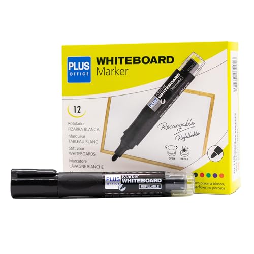 Plus Office Whiteboard-Marker mit nachfüllbarer Flüssigtinte, 2 mm Spitze, ideal zum Schreiben auf Glas, Whiteboard und anderen glatten Oberflächen, löschbare Tinte (Schwarz, Marker) von Plus Office