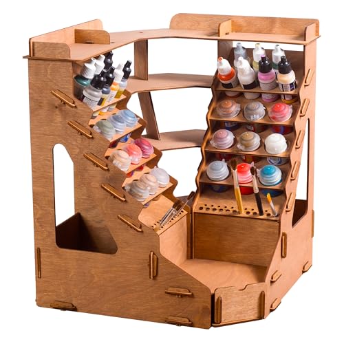 Plydolex Holz-Eck-Farb-Organizer für 32 Flaschen Farben und 46 Pinsel – Braun Farbregal Organizer mit 6 Miniatur-Ständern und Szene für Fotoaufnahmen – Geeignet für Miniatur-Farben-Set von Plydolex