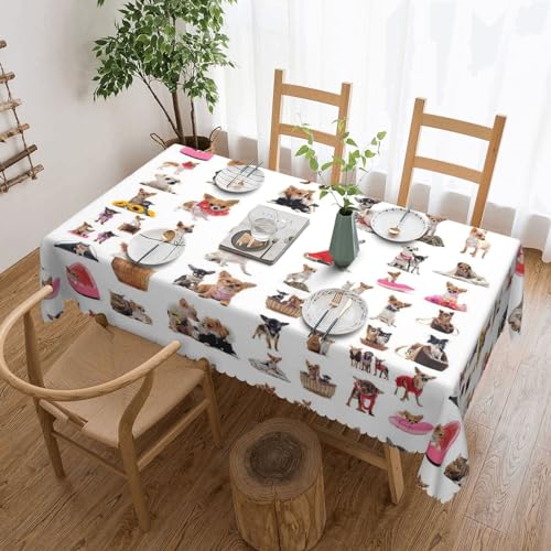 Quadratische Tischdecke mit niedlichem Chihuahua-Mopsmuster, knitterfrei und abwischbar, Polyester-Tischdecke für Küche, Esstisch, 137 x 183 cm von Pmnnerefaq