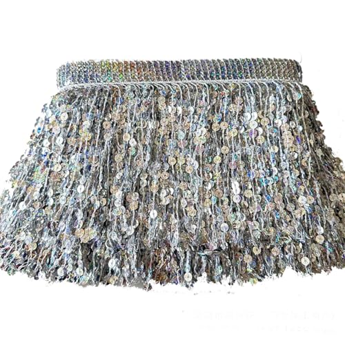 16cm x 10 Yard Fransenborte mit Pailletten Fransenband Paillettenborte zum Annähen Quastenbesatz Glitzer Quastenbesatz Borte Tirm Tanzfransen Nähzubehör Pailletten FransenSilber von Pmnzdy