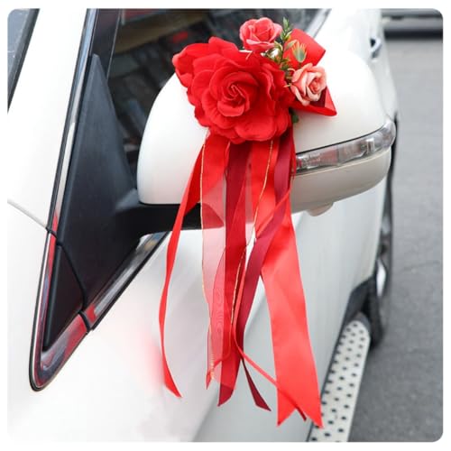 Pmnzdy 10 Stück Hochzeitsauto Autoschleifen Seidenblume Hochzeit Simulation Rose Schleife Band mit Perlen Autoschmuck Türgriffleiste Rückspiegel Hochzeit Stuhl Deko für Hochzeit Party Rot von Pmnzdy