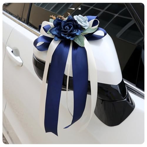 Pmnzdy 2 Stück Autoschleifen Seidenblume Hochzeit Simulation Rose Schleife band Autoschmuck Türgriffleiste Rückspiegel Hochzeit Stuhl Zurück für Hochzeitsfeier Kirche Hochzeitsauto Hochzeit Party Blau von Pmnzdy