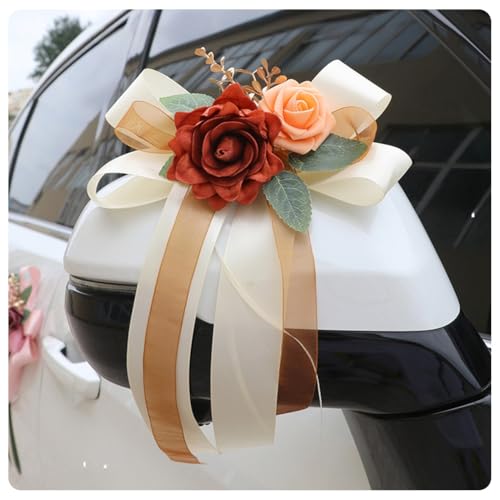 Pmnzdy 2 Stück Autoschleifen Seidenblume Hochzeit Simulation Rose Schleifeband Autoschmuck Türgriffleiste Rückspiegel Hochzeit Stuhl Zurück Hochzeitsfeier Kirche Hochzeitsauto Party Champagner von Pmnzdy