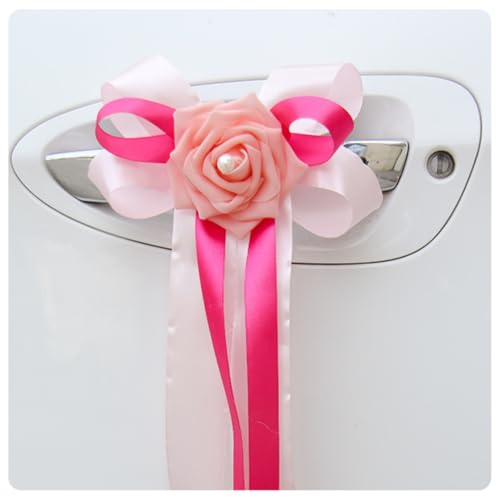 Pmnzdy 2 Stück Hochzeitsauto Autoschleifen Seidenblume Hochzeit Simulation Rose Schleife Band mit Perlen Autoschmuck Türgriffleiste Rückspiegel Hochzeit Stuhl Deko für Hochzeit Party Rosa + Rosenrot von Pmnzdy