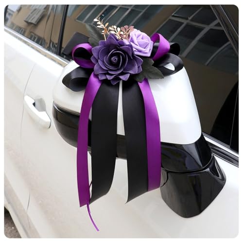 Pmnzdy 4 Stück Autoschleifen Seidenblume Hochzeit Simulation Rose Schleife band Autoschmuck Türgriffleiste Rückspiegel Hochzeit Stuhl Zurück für Hochzeitsfeier Kirche Hochzeitsauto Hochzeit Party Lila von Pmnzdy