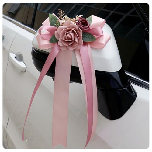 Pmnzdy 8 Stück Autoschleifen Seidenblume Hochzeit Simulation Rose Schleife band Autoschmuck Türgriffleiste Rückspiegel Hochzeit Stuhl Zurück für Hochzeitsfeier Kirche Hochzeitsauto Hochzeit Party Rosa von Pmnzdy