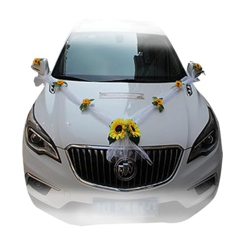 Pmnzdy Autoschmuck Hochzeit Auto Schmuck Sonnenblume Braut Paar Deko Organza Sonnenblume Brautwagen Girlande Dekoration Autodeko Car Wedding Blumenschmuck Band Hochzeitsauto Deko für Hochzeit Party von Pmnzdy