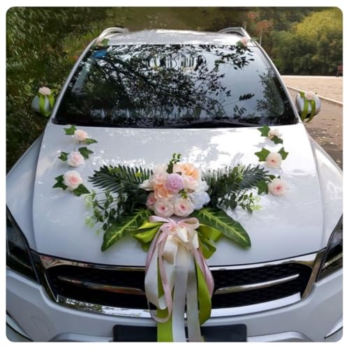 Pmnzdy Autoschmuck Hochzeit Künstliche Seidenblume mit grüne Blätter Autoschleifen Girlande Motorhaube Autotürgriff Hochzeit Deko Blumenschmuck Hochzeitsauto Deko für Hochzeit Verlobungsfeier rosa von Pmnzdy