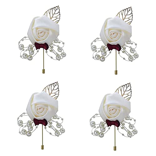 Boutonniere Hochzeit Rose Weiß, 4 Stück Rose Blumen Anstecker, Hochzeit Rose Blumen Anstecker, Bräutigam Hochzeitsanstecker, für Hochzeit, Ansteckblume Hochzeit für Hochzeiten Bankette Jubiläumsdaten von PnxdeobXL