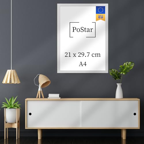 PoStar - Bilderrahmen A4 21x29,7 cm Foto-Rahmen aus Holz mit Bruchsicherem Plexi-Glas - Rahmen für Fotos, Poster und Diplome - Bilderrahmen 21x29,7 cm A4 - Weiß von PoStar