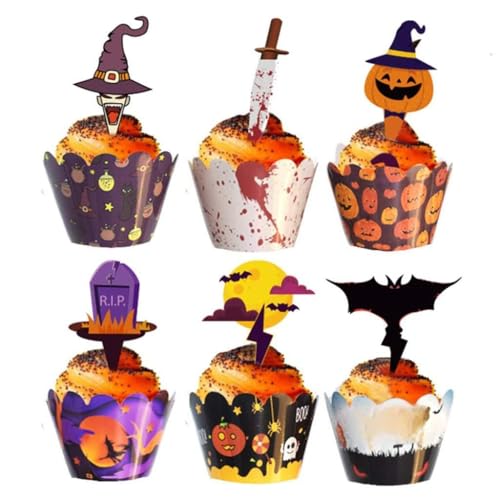 12/24 Stück Halloween Cupcake Topper Kuchen Becher Wrappers Kürbis Fledermaus Dekorationen Zubehör von Pocoiau