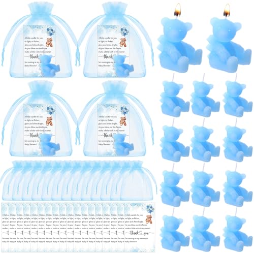 Poen 50 Sets Babyparty-Kerzen, Gastgeschenke, Bärenkerzen, Mini-Babyparty-Dankeskarte und Organza-Beutel, Mini-Partygeschenke, Geschenktüten für das Geschlecht (blau) von Poen